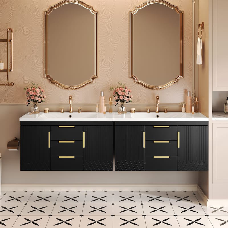 36'' Wall Mounted Bathroom Vanity with Resin Sink, Floating Bathroom Storage Cabinet with 2 Drawers, Solid Wood Bathroom Cabinet