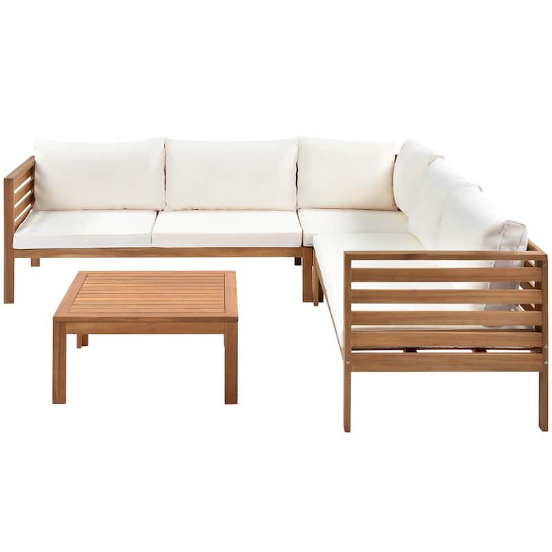 Roomfitters 3-Piece Outdoor Sectional Sofa Set with Coffee Table, Solid Wood Frame L-Shaped Patio Furniture