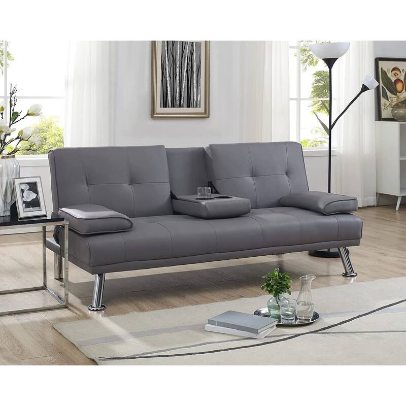 Futon Sofa Bed Couch with Armrest & Cupholders, Faux Leather Sofa Bed Couch Convertible Folding Reclining Small Couch