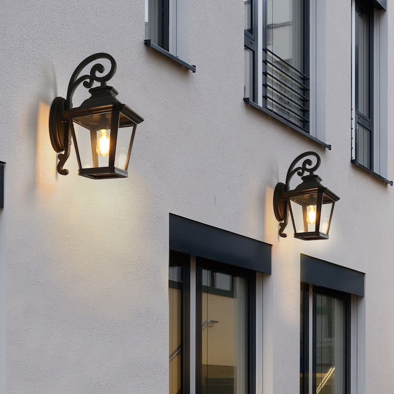 14" Outdoor Wall Lanterns 2-Pack, Black Waterproof Wall Sconce with Clear Glass Panels, Light Fixture for Porch(No Bulb)