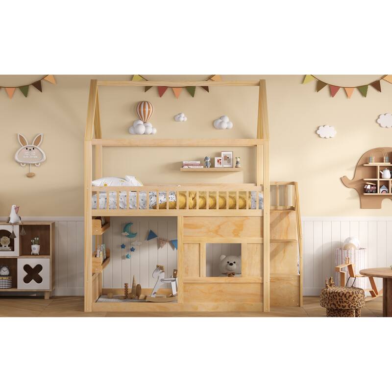 Roomfitters Full Size Wood House Loft Bed with Storage Stairs and Built-in Shelving, Modern Space-Saving Sleep Space
