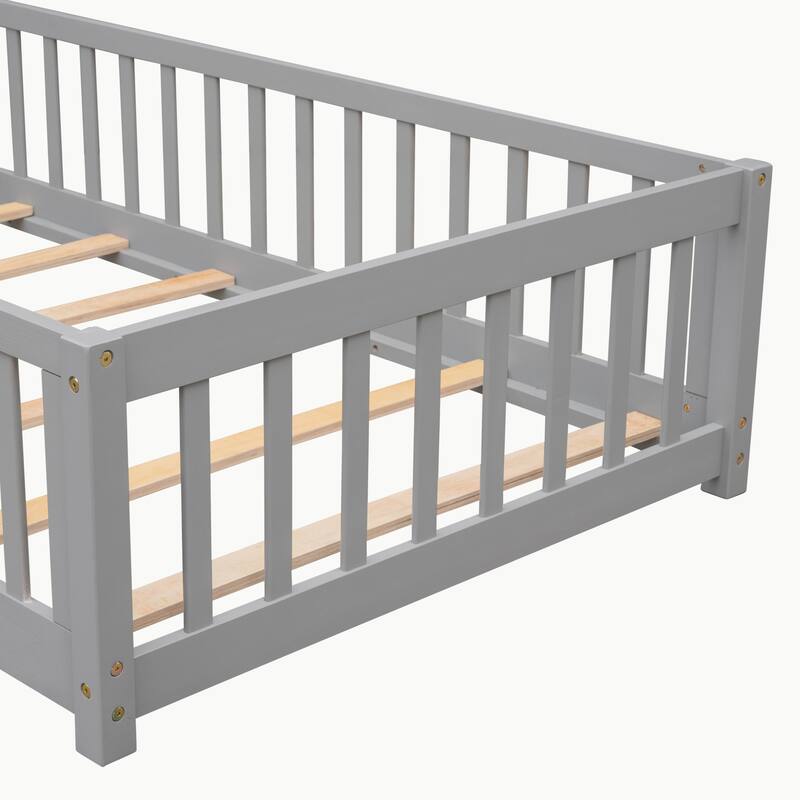 Pine Wood Floor Platform Bed with Fence and Door