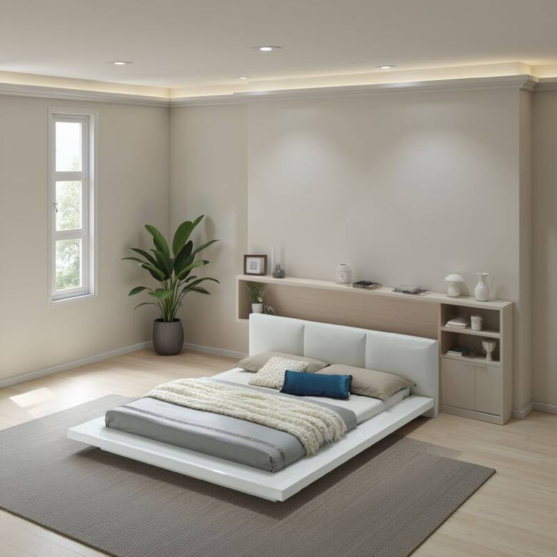 Platform Style Eastern King Size Bed with Leatherette Headboard, White