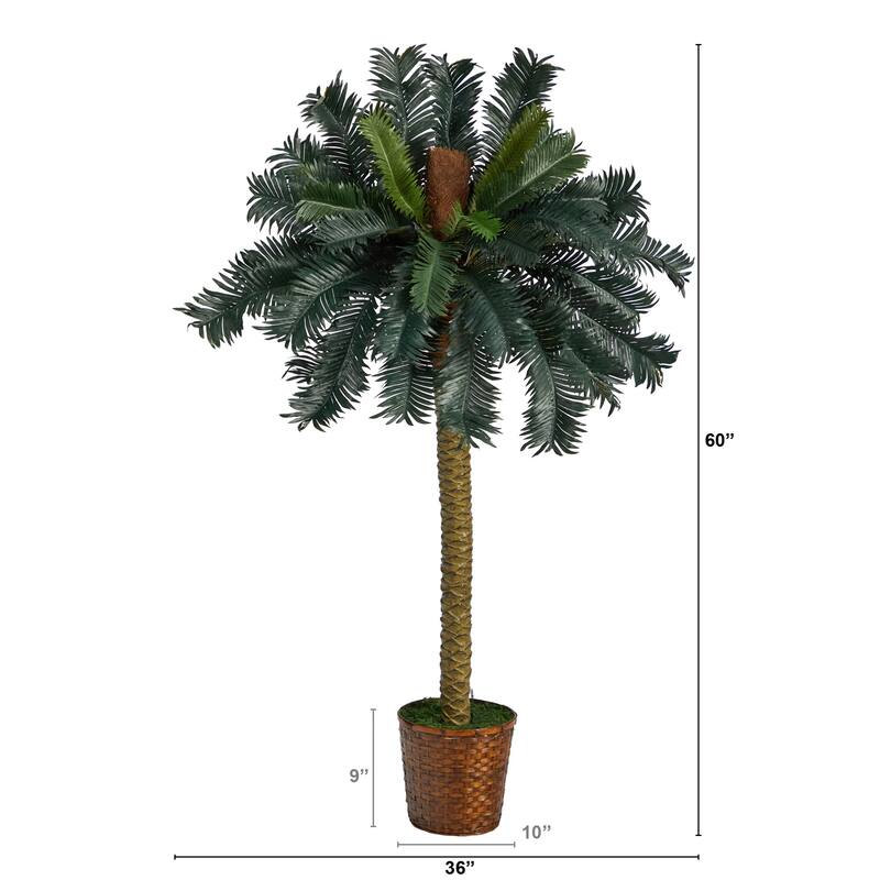 Artificial Sago Palm Tree - 5ft Indoor Tropical Plant in Basket - Home Decor - Green - 61 Inches and Over