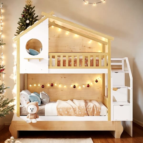 slide 2 of 14, Luxury Twin-Over-Twin Bunk Bed, Playhouse Inspired, Storage and Guard Rail, Maximized storage space, Natural Bed +White Stair Natural