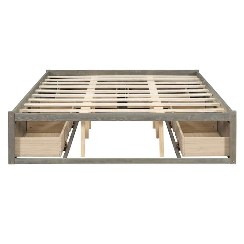 Queen Size Platform Bed Frame with 6 Built-In Storage Drawers, No Headboard, Low Profile Design in Antique