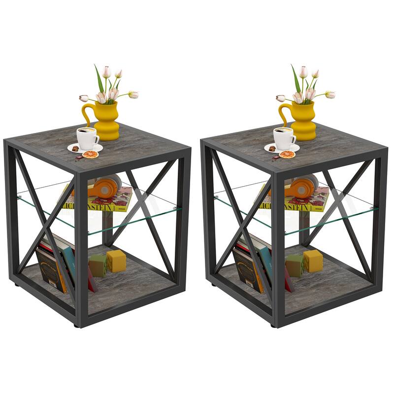 Set Of 2 Modern End Table Nightstand, Tempered Glass&Rustic Wood Grain Mdf,Industrial Style Side Table