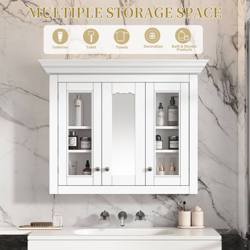 35" Bathroom Medicine Cabinet with Mirror, 5 Closed & Adjustable Shelves, Bathroom Wall Mounted Storage Cabinet with Glass Doors