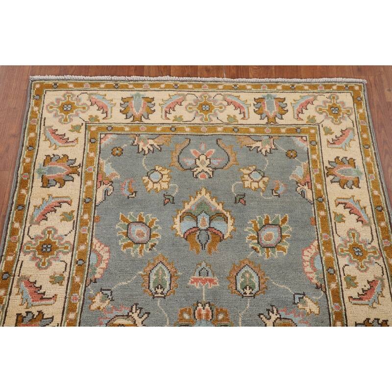 Gray Floral Oushak Accent Rug Handmade Wool Carpet - 3'4" x 4'9"