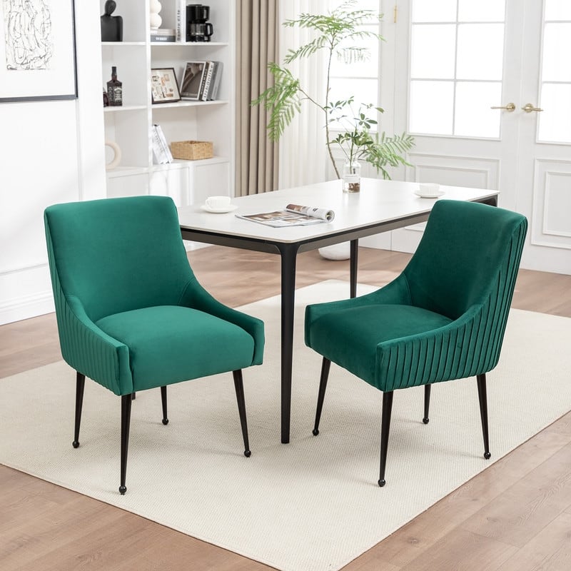 SEYNAR Modern Glam Velvet Black Metal Legs Dining Chair or Vanity Chair Set of 2 with Rear Handle