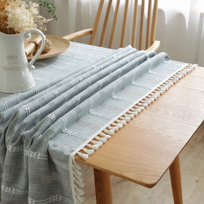 Enova Home High Quality Rectangle Cotton Linen Washable Tablecloth Stripe with Tassel for Home Party Wedding Dining Table