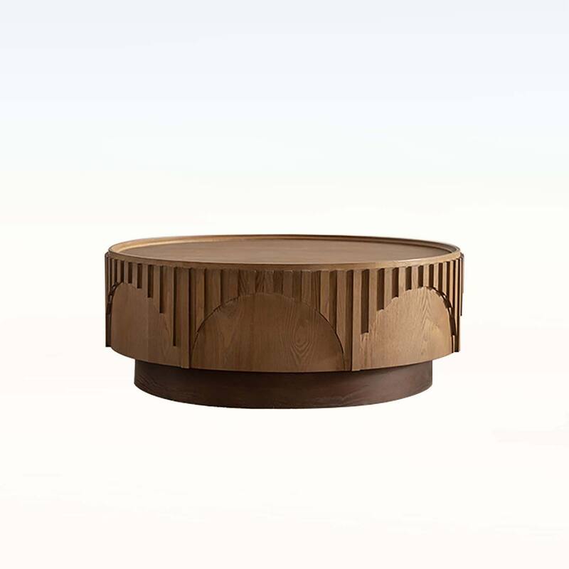 Wood Handcrafted Relief Tea Table with Sturdy Pedestal for Apartment,Living Room