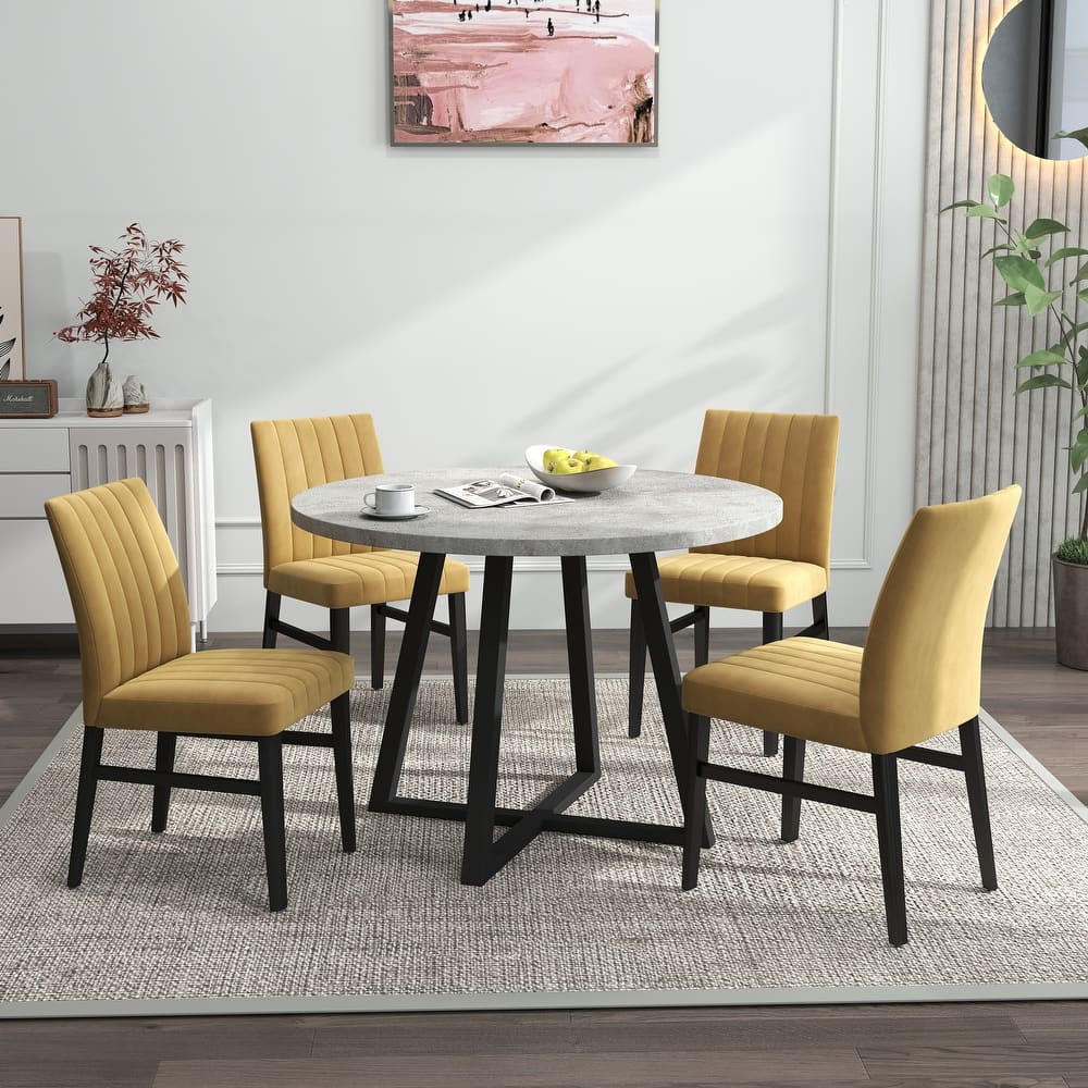 Roundhill Furniture Edo 5-Piece Dining Set, Round Table with 4 Upholstered Chairs,