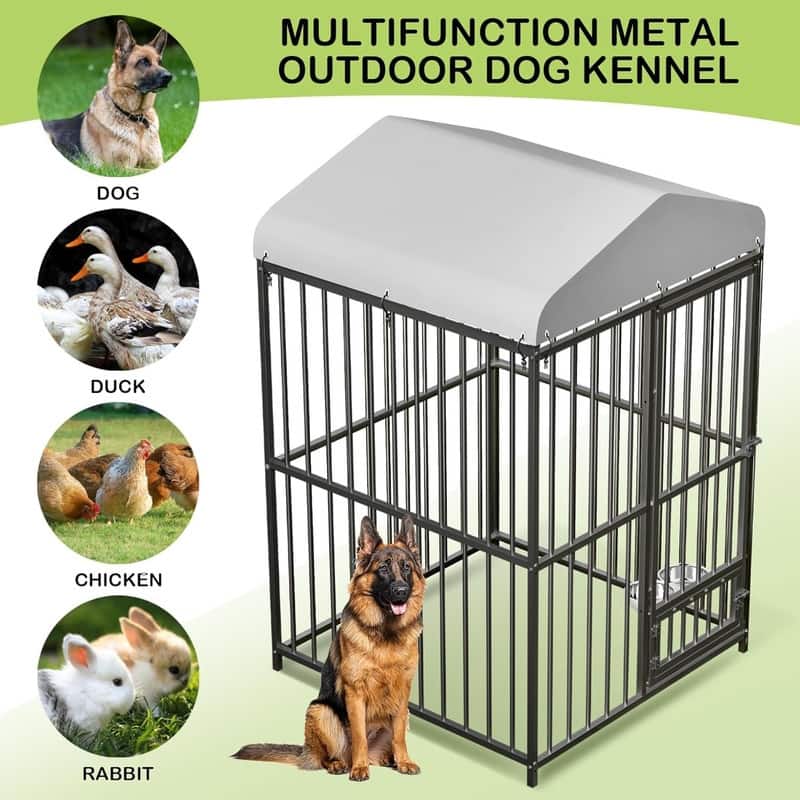 Dog Cage Kennel with Rotating Feeding Bowl Waterproof Roof Cover