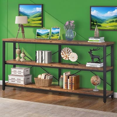 Brown MDF Extra-Long Sofa Table with 3 Open Shelves and Metal Legs - 70.87” L x 11.81 W x 35.83 H