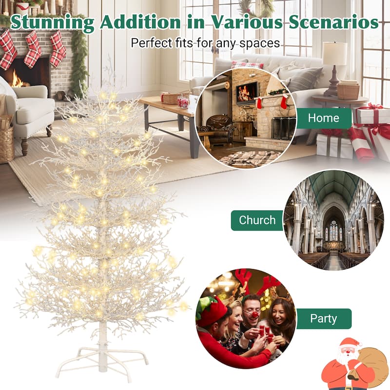 4FT Pre-lit Aspen Fir Artificial Christmas Tree, Hinged Xmas Tree 280 Snow Flocked Branch Tips, 230 Warm Yellow LED Lights