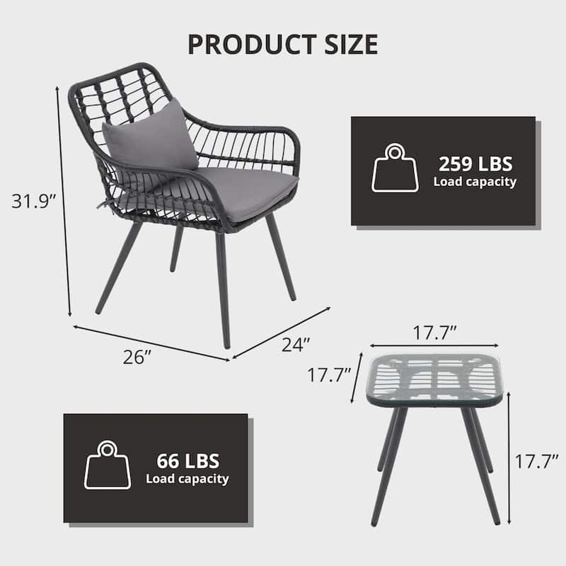 3-Piece Outdoor Bistro Set with Glass Side Table, Rattan Patio Chairs, Conversation Set for Porch, Garden, Balcony
