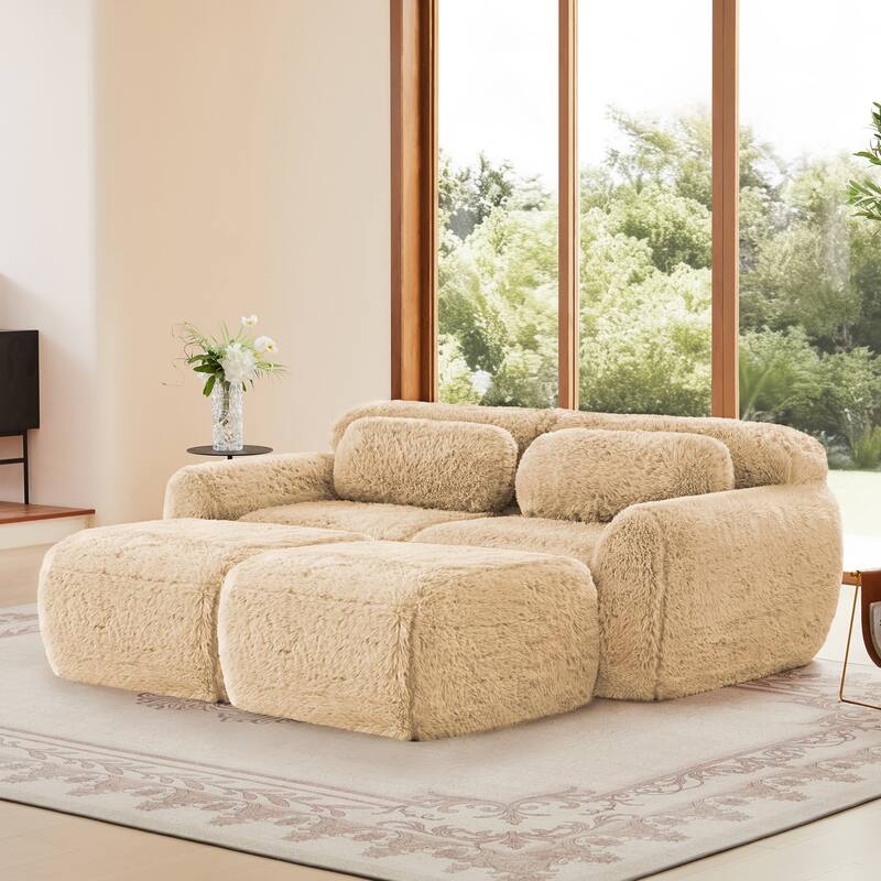 80" Soft Plush Fabric,Boneless Sofa, No Assembly Required, Bottom Anti-Slip Design With Chaise, With Ottoman, Deep Seat Design