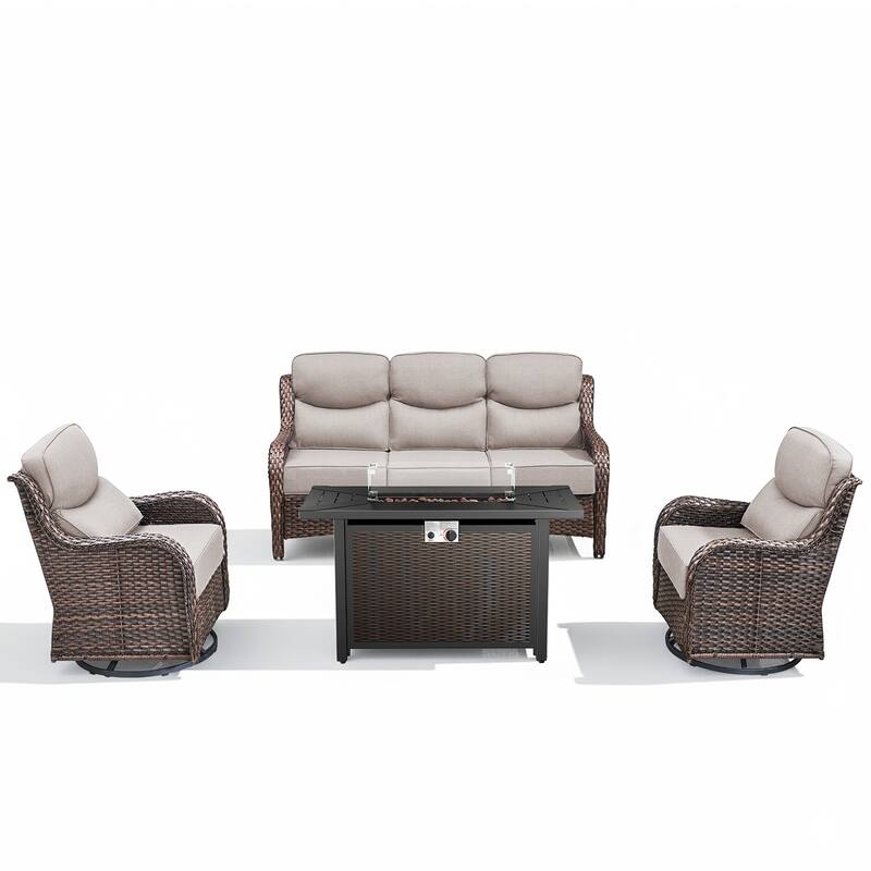 Arcadia 4-Piece PE Wicker Patio Seating Set with Durable All-Iron Fire Pit and 6-Inch Cushions