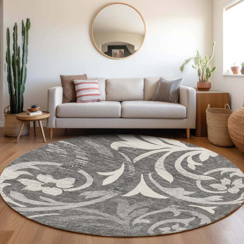 Machine Washable Indoor/ Outdoor Chantille Floral Scroll Rug