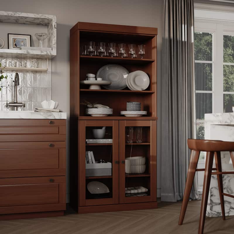 100% Solid Wood 32" Kitchen Pantry Cabinet with 2 Doors by Palace Imports - Mocha - Clear Glass