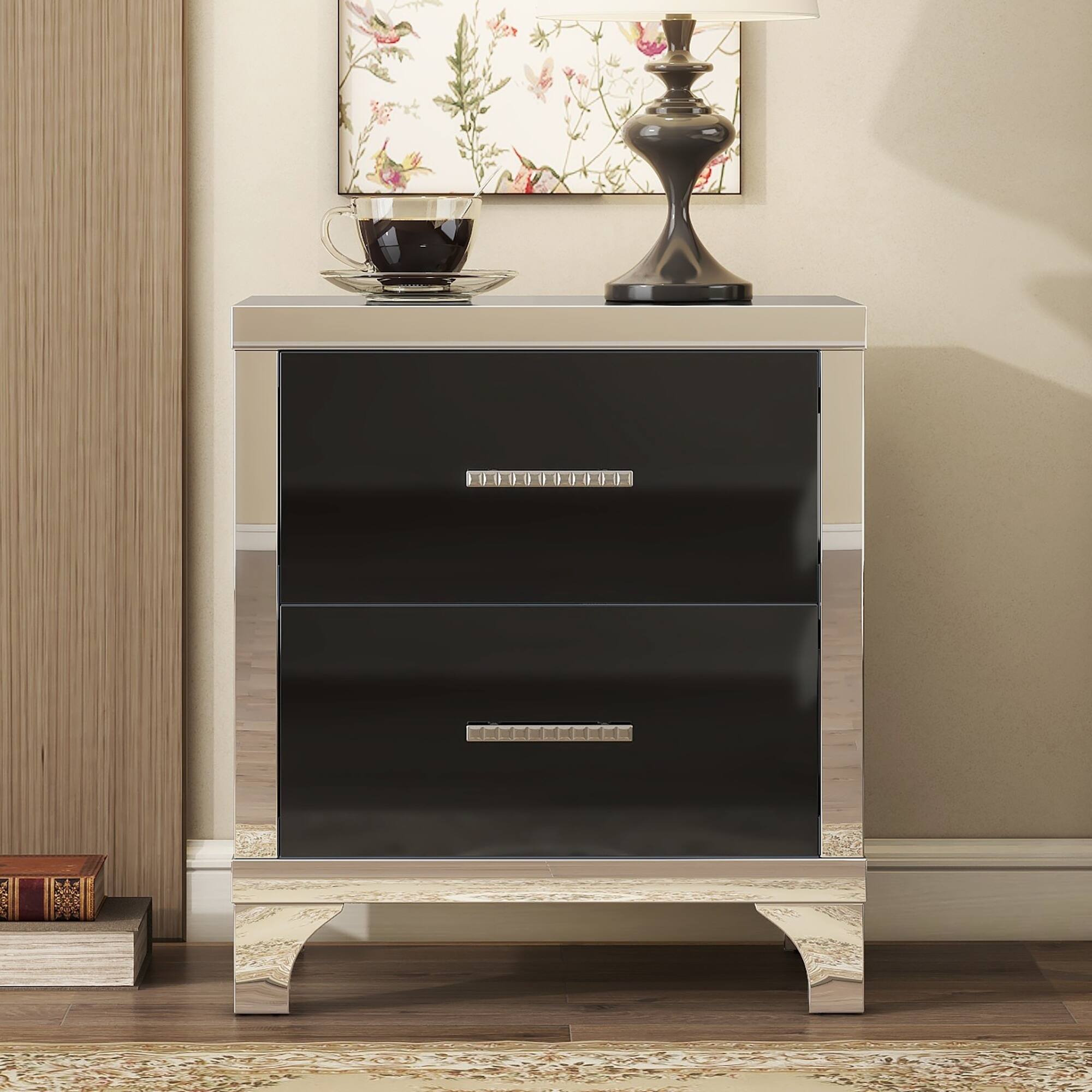 High Gloss Nightstand with Metal Handle, Mirrored Bedside Table Bed