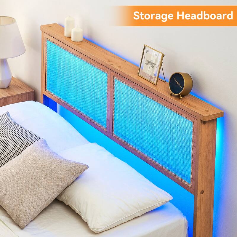 Bed Frame with Natural Rattan Headboard, LED Lights, No Box Spring Needed