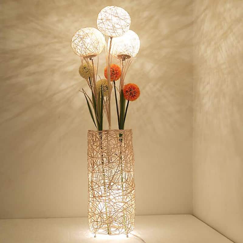 Floor Lamp Pastoral with Hand-Woven Flower Rattan Art Lamp - 8 in. x 8 in.x 43 in. - Beige