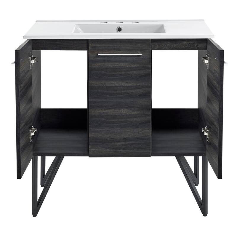 Annecy 36 In. Black Walnut Bathroom Vanity With White, 3-Hole Ceramic Sink Top