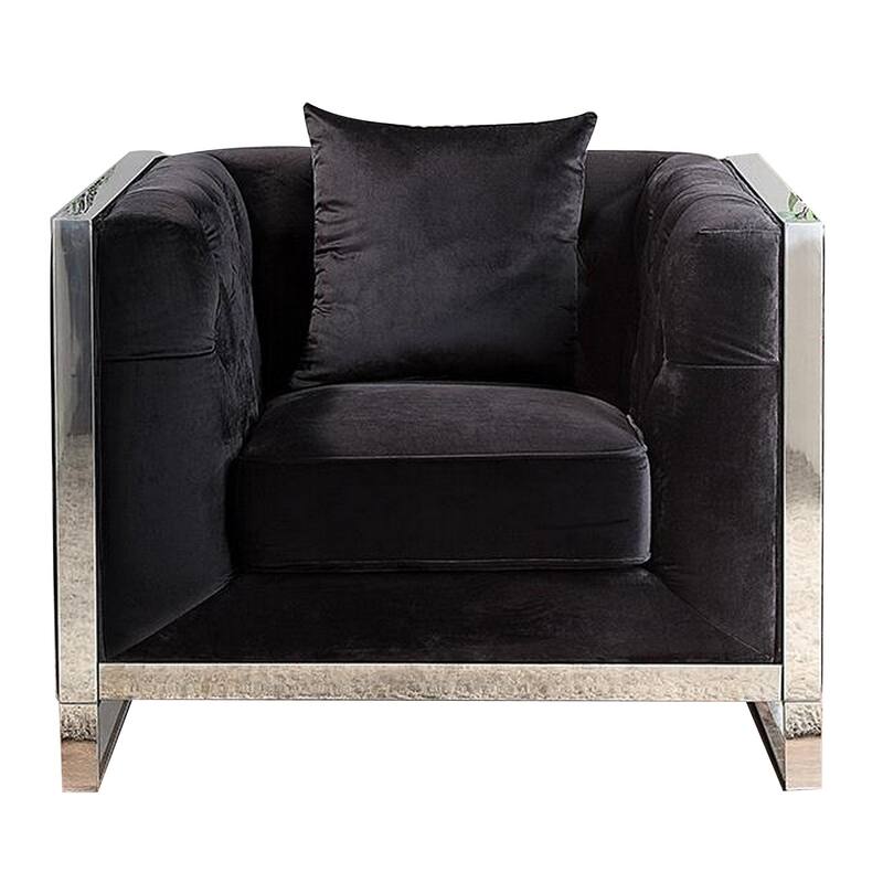 Vade 39 Inch Accent Chair, Stainless Steel Frame, Tufted Black Flannelette