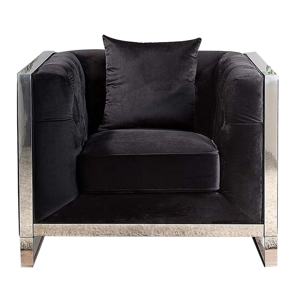 Vade 39 Inch Accent Chair, Stainless Steel Frame, Tufted Black Flannelette