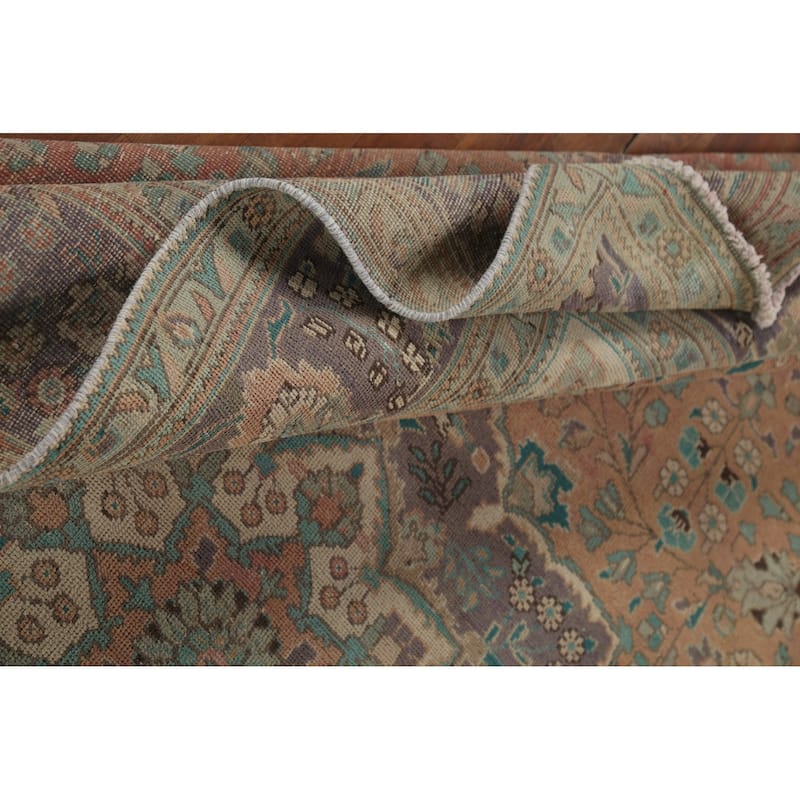 Distressed Tabriz Persian Vintage Rug Hand-Knotted Peach Wool Carpet - 7'10"x 10'8"