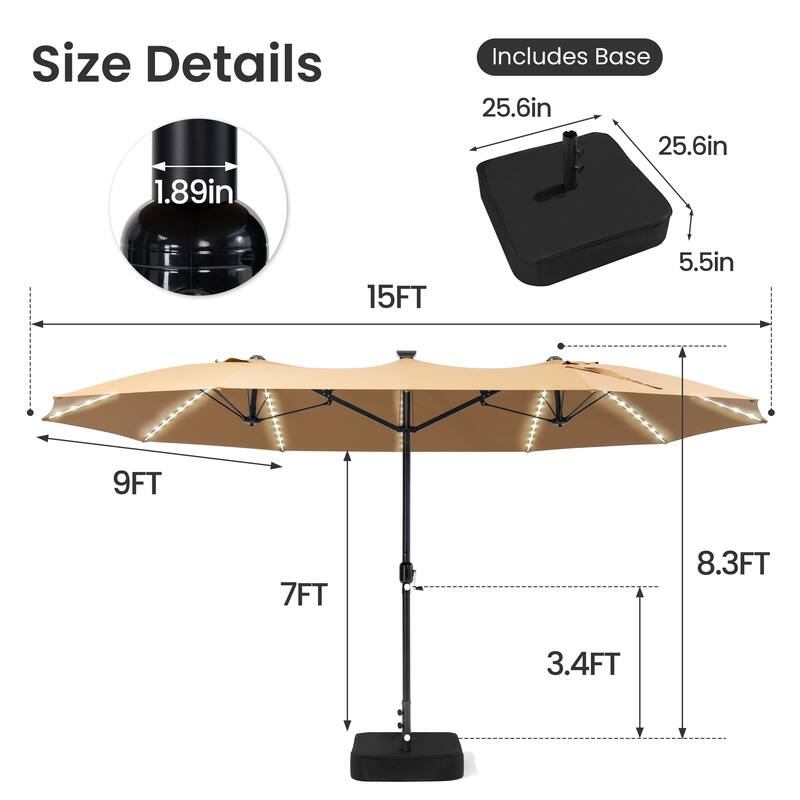 Crestlive Products 15ft Rectangular Double-sided Outdoor Market Umbrella Solar LED Lighted Patio Umbrella