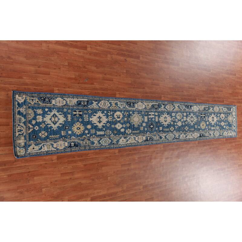 Hand Knotted Oriental 100% Wool Carpet Transitional All-Over Navy Blue & Blues Oushak Runner Rug - 16' 7'' X 2' 7''
