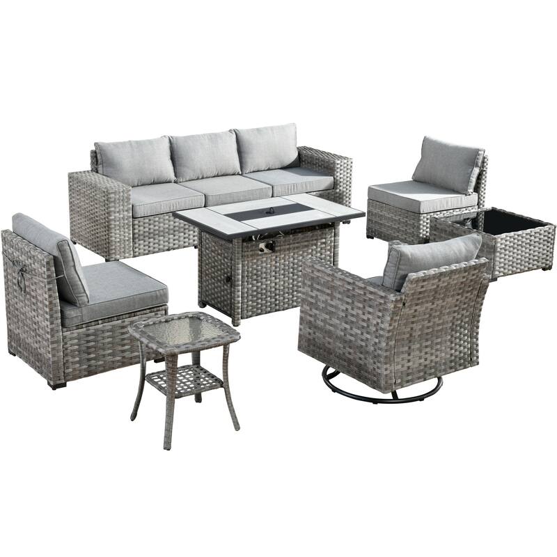 HOOOWOOO 9-piece Wicker Outdoor Modular Wide Armrest Sectional Set Fire Pit Set