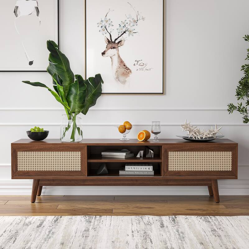 75" Rattan TV Stand, Wood TV Stand with Storage, Mid Century Modern TV Stands for Living Room, Boho Media Console