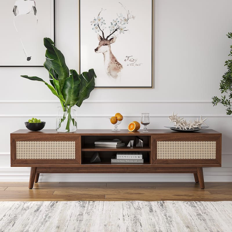 Rattan TV Stand for TVs, Wood TV Stand Mid Century Modern TV Stand TV Media Console with Drawer and 2 Cabinets