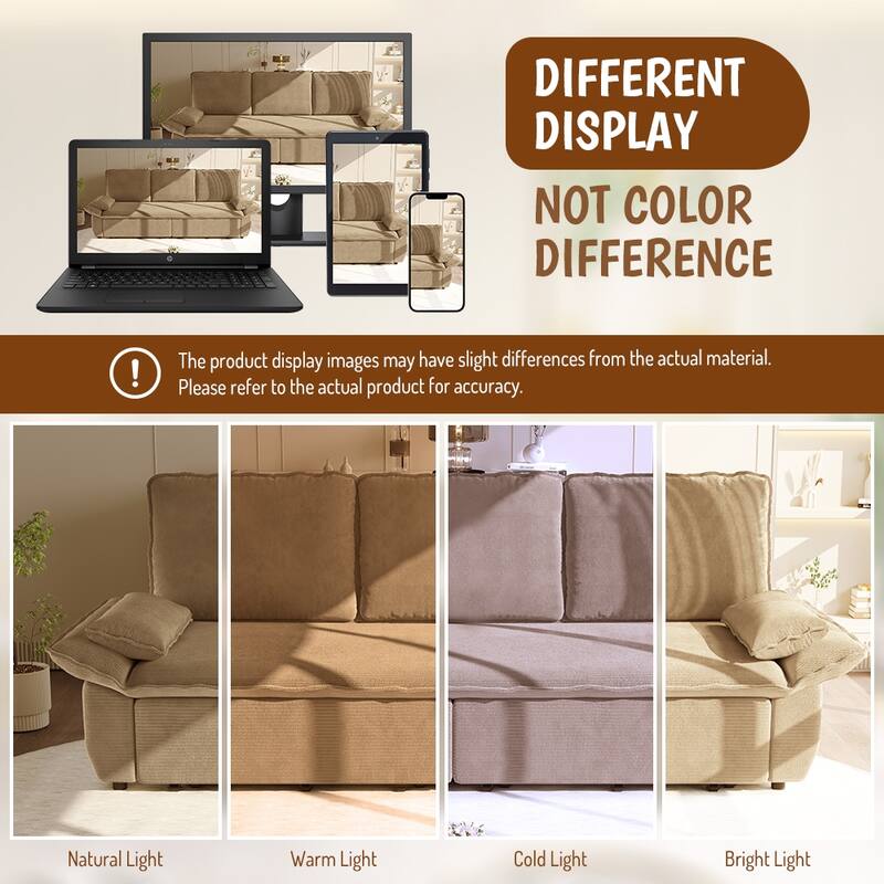 GDFStudio - Corduroy 94.5" 3-in-1 Convertible Sleeper Sofa with Pull-Out Bed