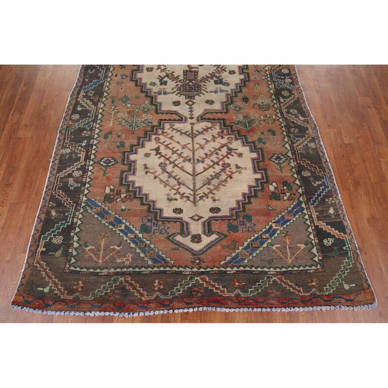 Geometric Orange Bakhtiari Persian Vintage Rug Hand-Knotted Wool Carpet - 4'9" x 9'10"