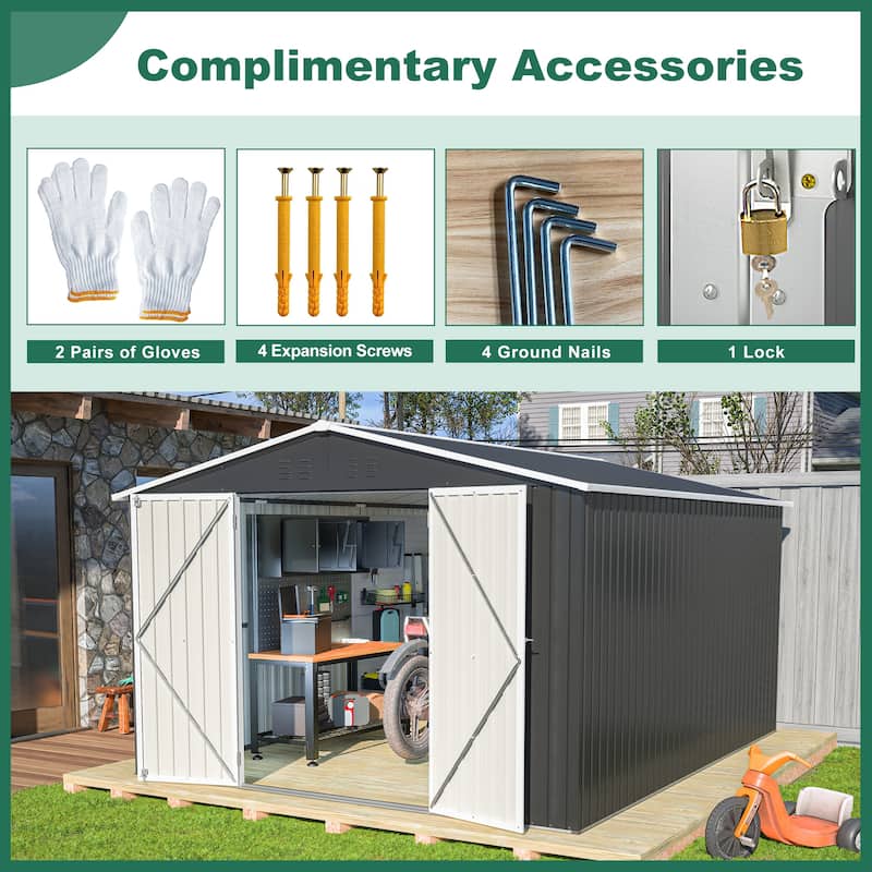 10x12 Ft Black Metal Garden Shed, Lockable Outdoor Tool Storage