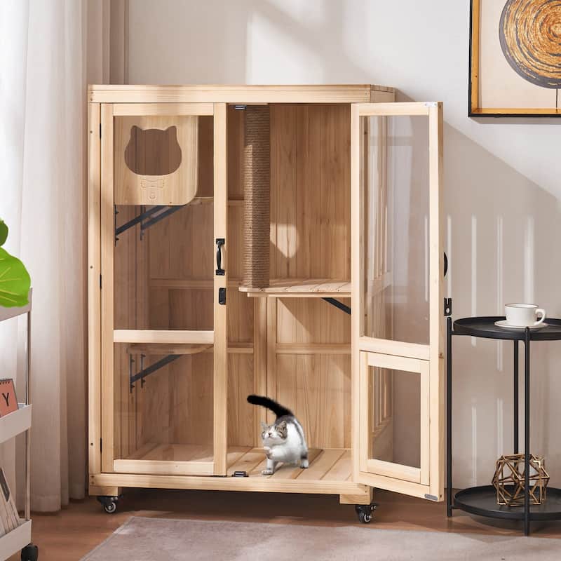 Mcombo Luxury Cat House with Scratching Post, Wooden Large Cat Villa with Wheels, Multi-Feature Cat Condo with Escape Door CT83