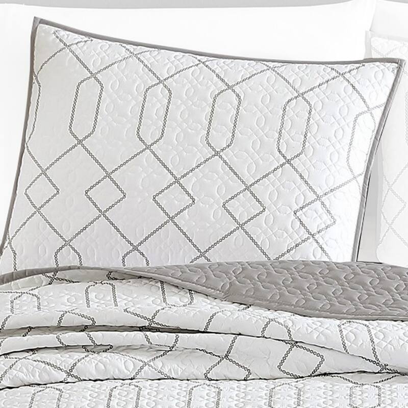 Jim 2 Piece Twin Size Reversible Coverlet Set, Geometric White and Gray