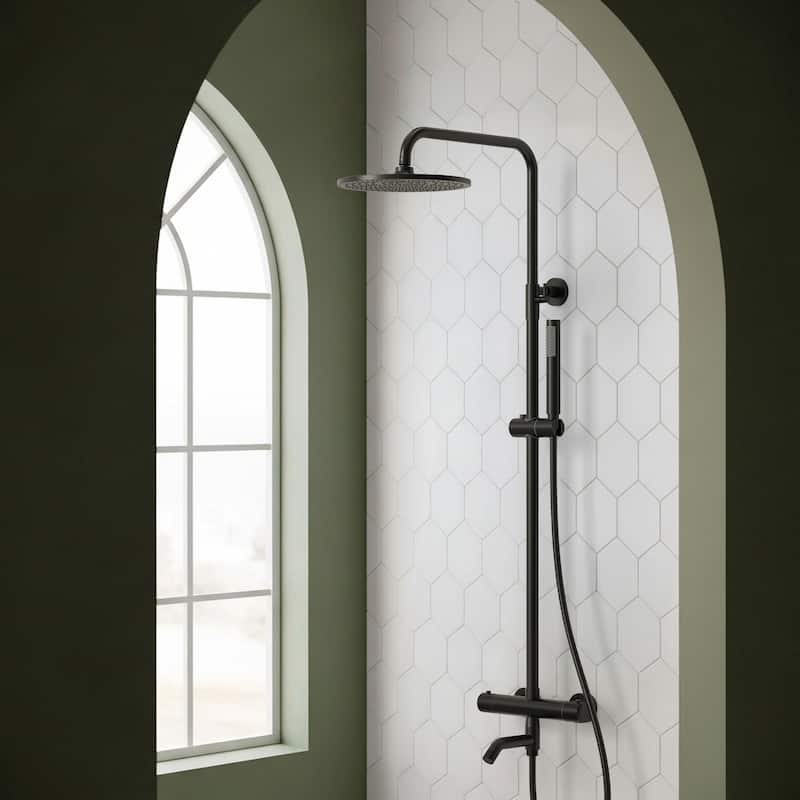Height Adjustable Thermostatic Shower System with Tub Spout, 10" Rain Shower Head, Hand Shower, Brass Valve - Matte Black