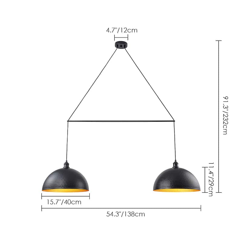 2-Light Modern Industrial Matte Black Linear Dome Hammered Large Pendant Light for Kitchen Island - 54.3 in. W x 11.4 in. H