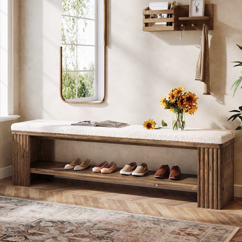 Solid Wood Entryway Bench, 63" Upholstered End of Bed Bench