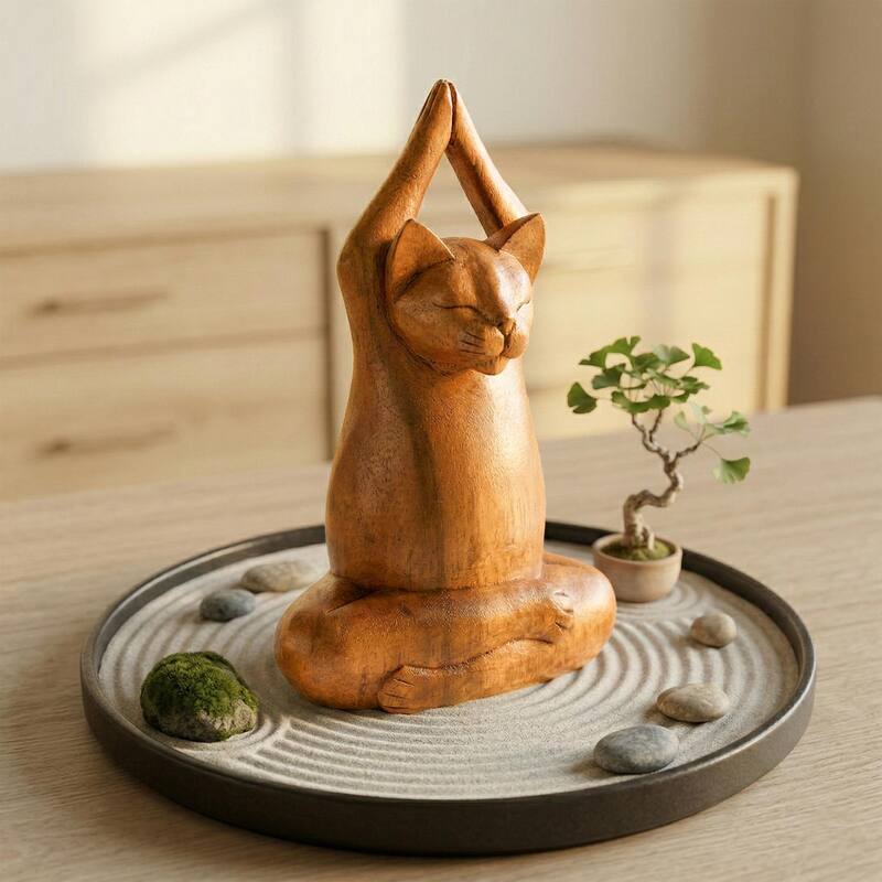 8" Wooden Handmade Hand Carved Yoga Lotus Pose Cat Sculpture Statue Home Decor - 8" tall x 4" wide x 3" deep