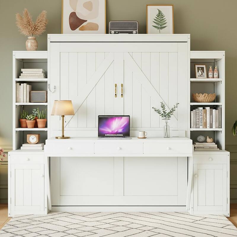Queen Murphy Bed Cabinet with Fold-Down Desk, Power Hub & Mega Storage System by Harper&Bright Designs