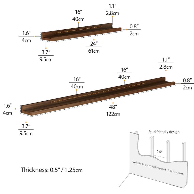 Picture Ledge Wall Shelves 48-24-24" , Walnut, Set of 3