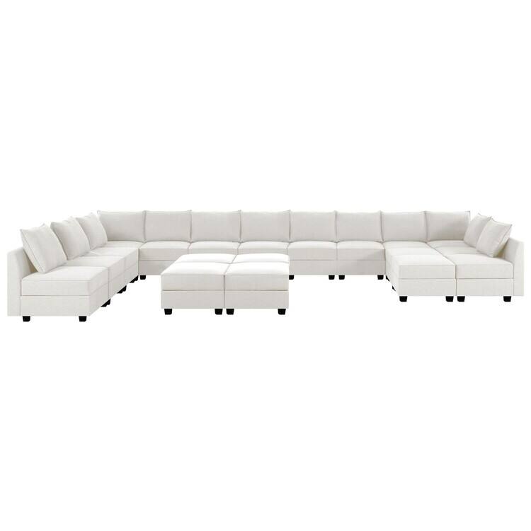 Convertible U Shaped 13 Piece Modular Sofa Sectional Modular Couch with Chaise Oversized Sofa Sleeper Couch - 13-Seater with 6 Ottoman,White Down