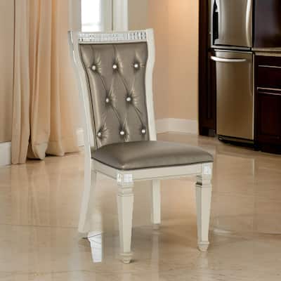 Juhi 21 Inch Side Dining Chairs Set of 2, Mirror Trim Frame, Tufted Gray Faux Leather